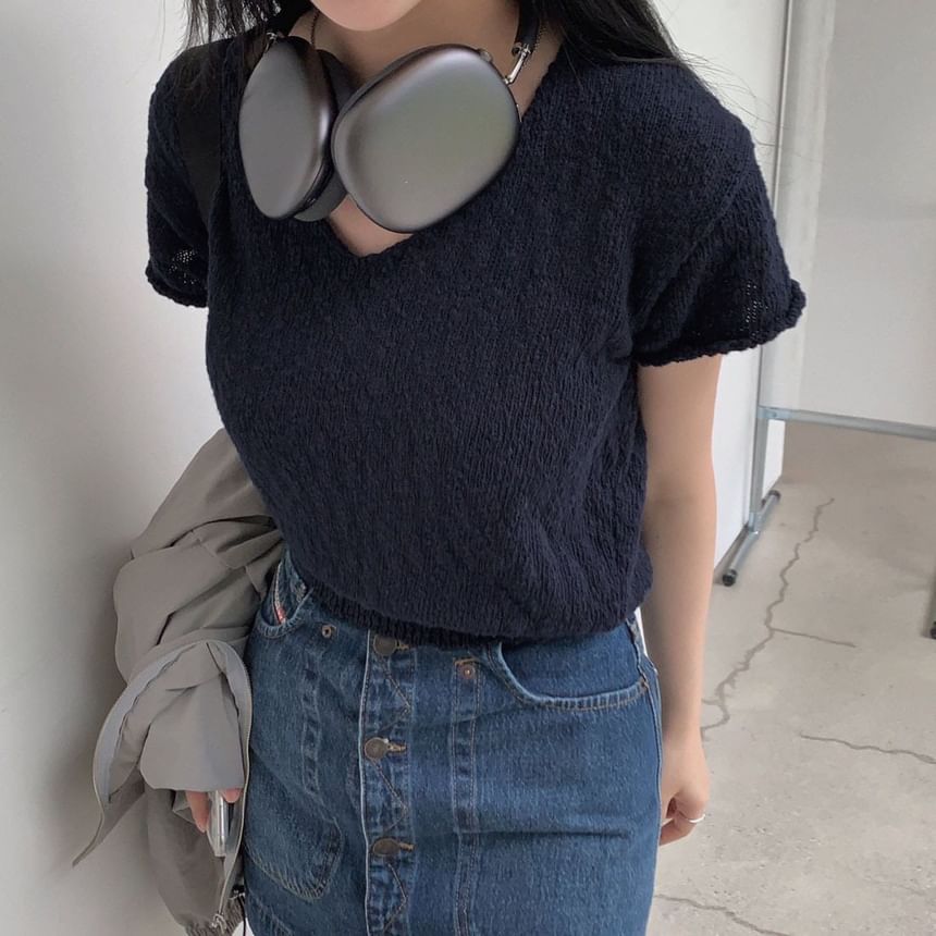 Solid V-Neck Short-Sleeve Knit Crop Top