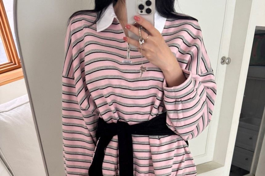 Striped Half-Zip Contrast-Collar Sweatshirt
