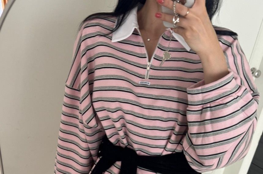 Striped Half-Zip Contrast-Collar Sweatshirt