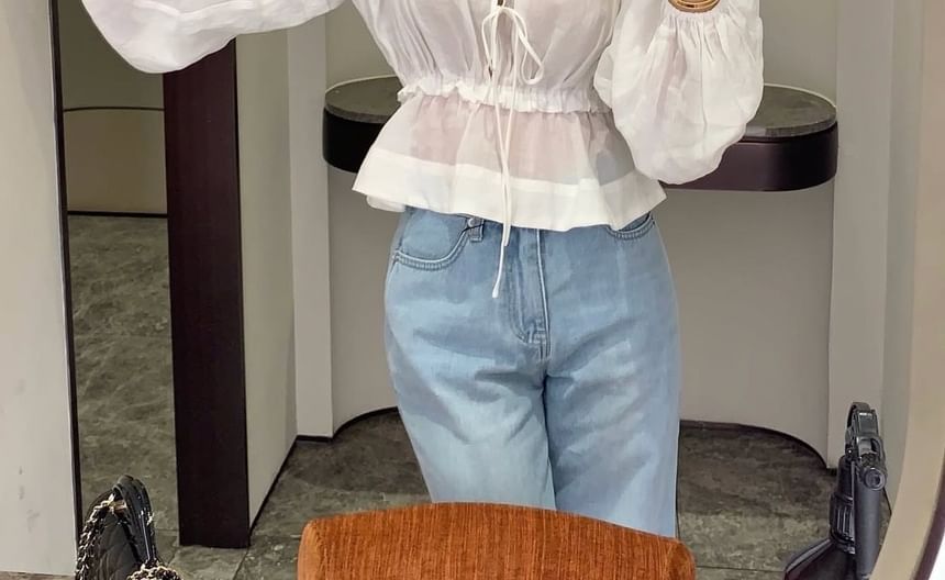 Elegant V-Neck Frilled Crop Top with Long Sleeves