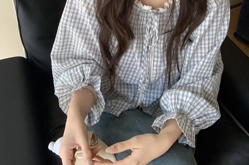 Plaid Round-Neck Zip Front Lace-Trim Long-Sleeve Top