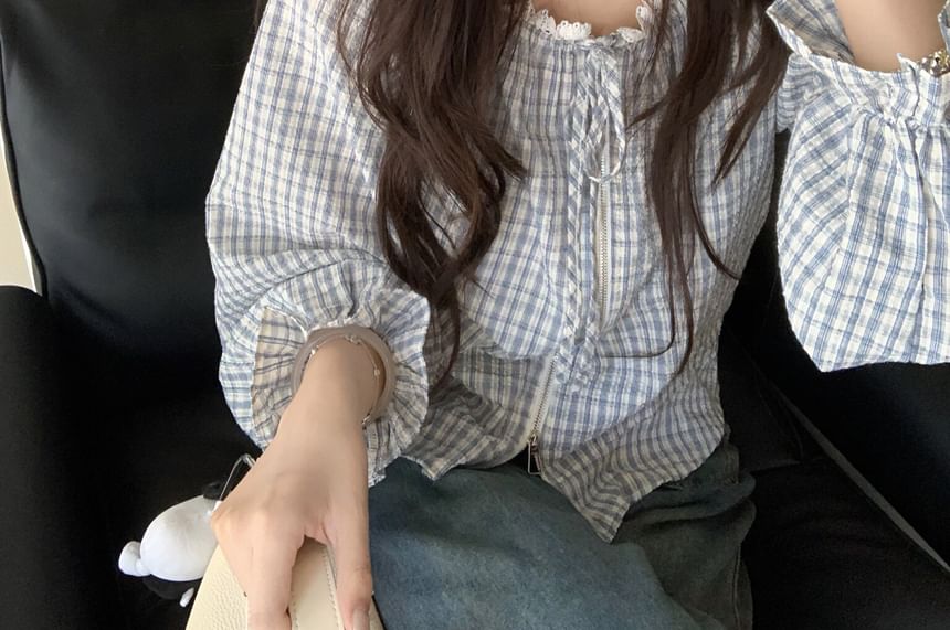 Plaid Round-Neck Zip Front Lace-Trim Long-Sleeve Top
