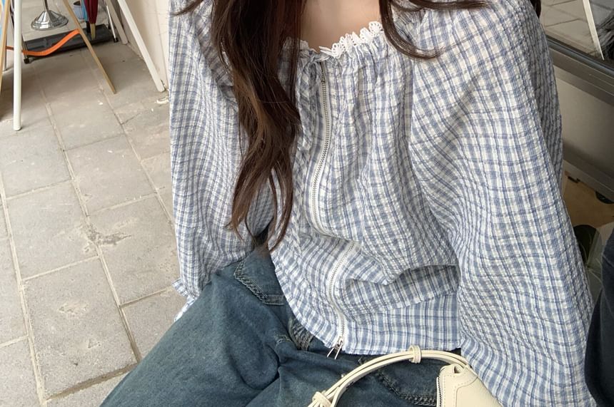 Plaid Round-Neck Zip Front Lace-Trim Long-Sleeve Top