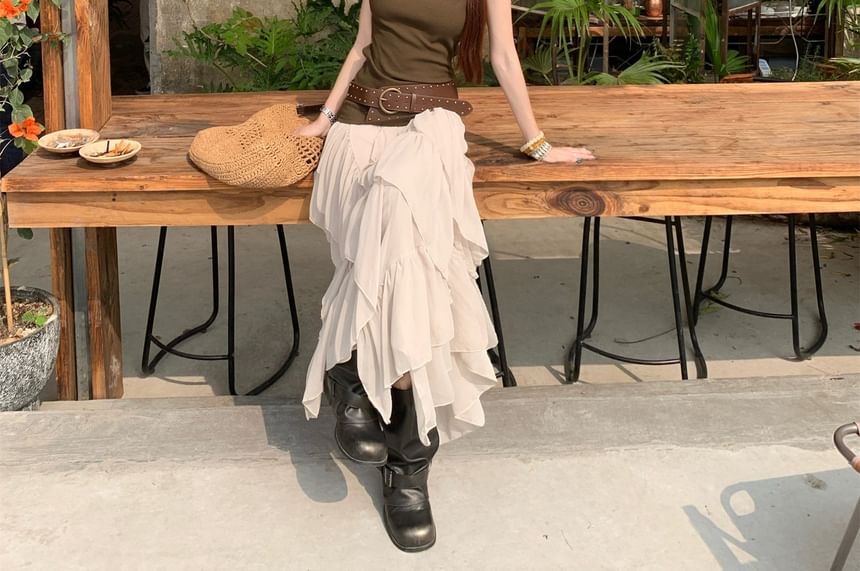 Cutout-Back Tank with Ruffle Maxi Skirt and Belt Set