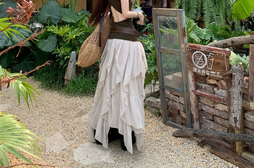 Cutout-Back Tank with Ruffle Maxi Skirt and Belt Set