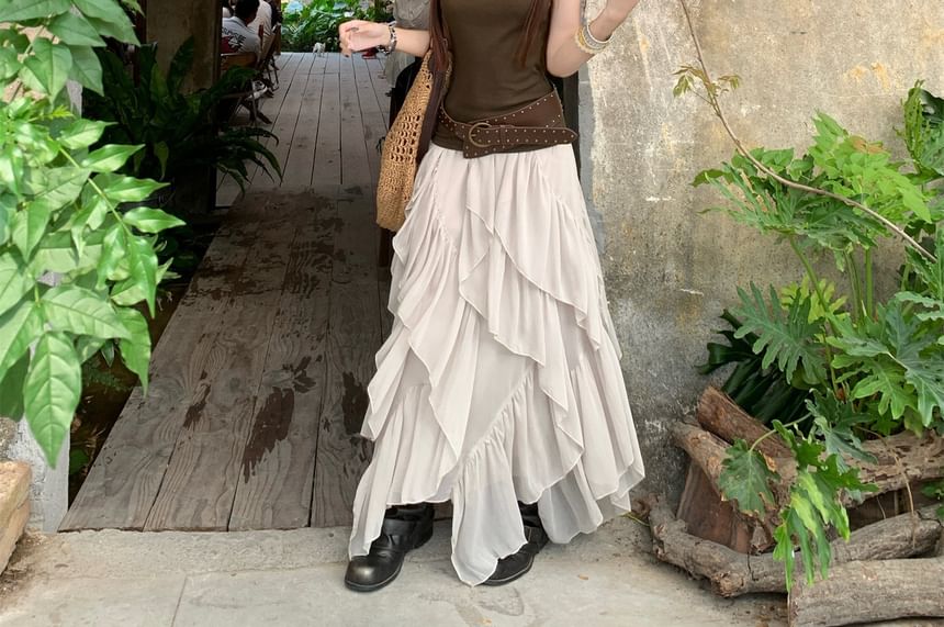 Cutout-Back Tank with Ruffle Maxi Skirt and Belt Set