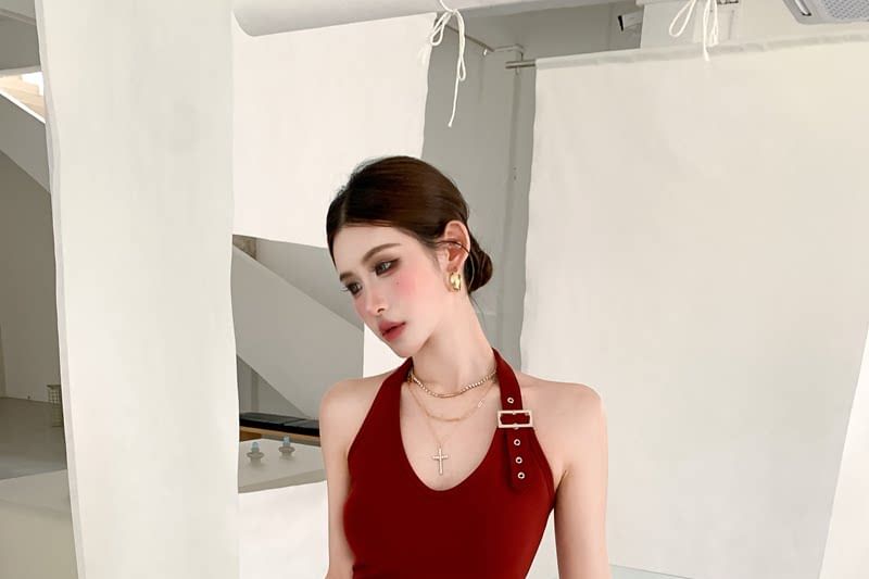 Buckled Halter Crop Top in Solid Color