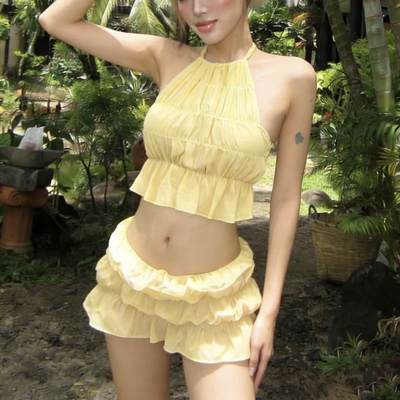 Crop Top & Tiered Mini Skirt Set -