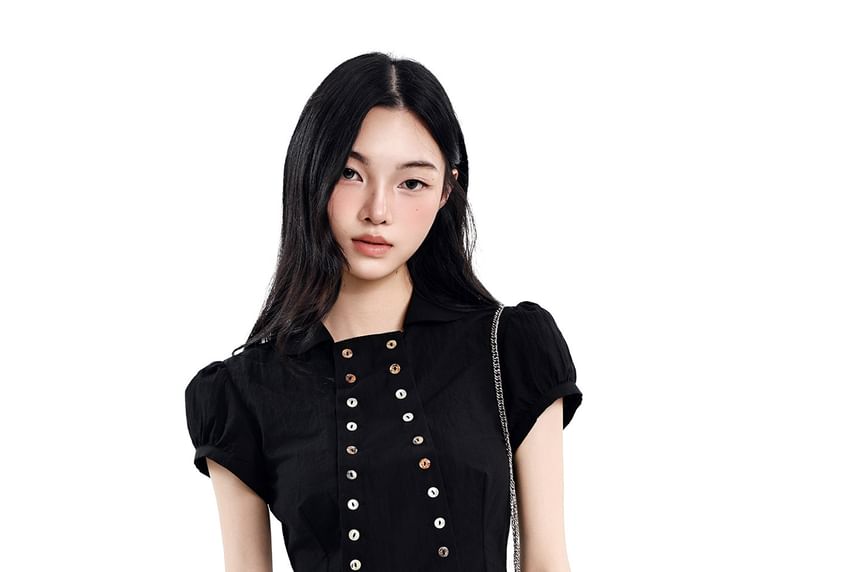 Collared Short Sleeve Button Blouse