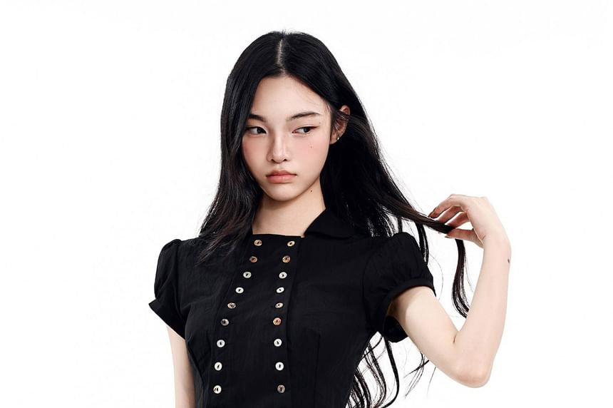 Collared Short Sleeve Button Blouse