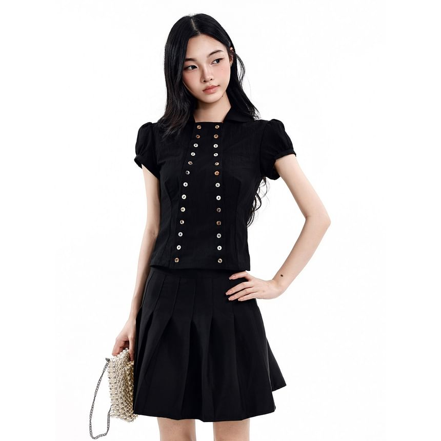 Collared Short Sleeve Button Blouse