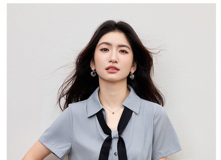 Tie Neck Collared Button Blouse Short Sleeve
