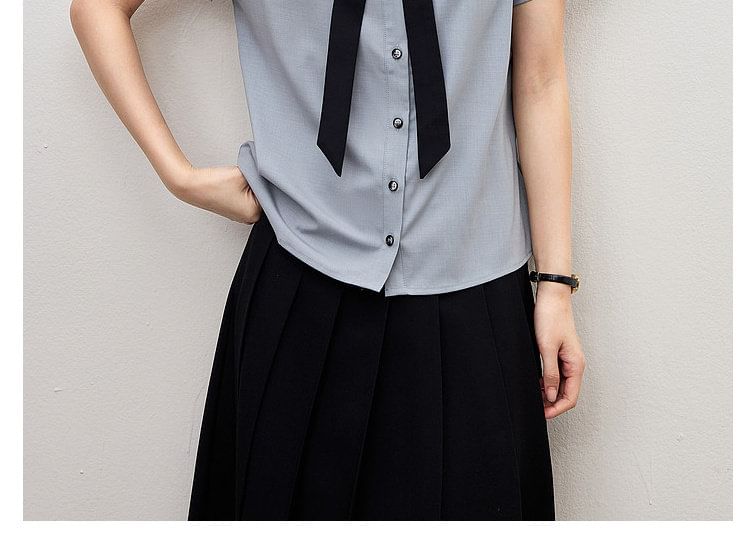 Tie Neck Collared Button Blouse Short Sleeve