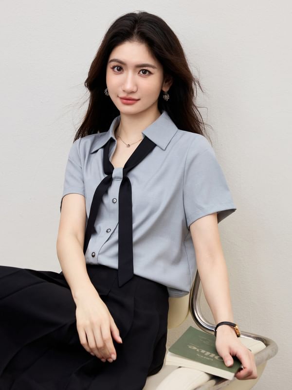 Tie Neck Collared Button Blouse Short Sleeve