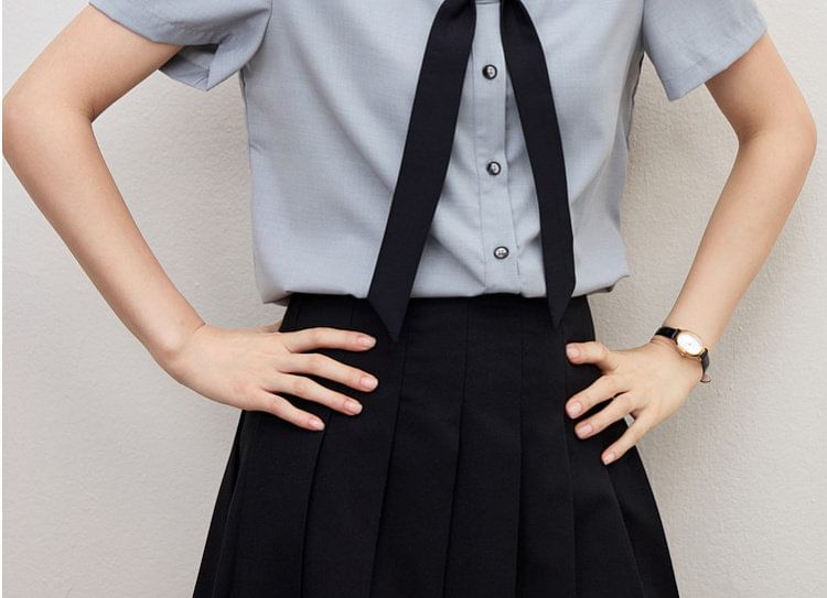 Tie Neck Collared Button Blouse Short Sleeve
