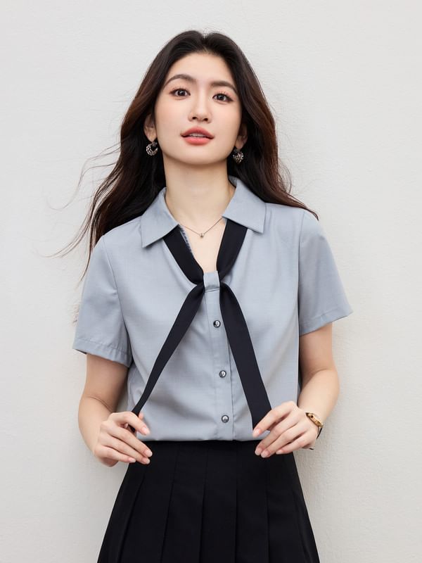 Tie Neck Collared Button Blouse Short Sleeve