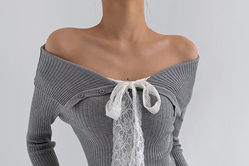 Long Sleeve Cold Shoulder Lace Trim Knit Top