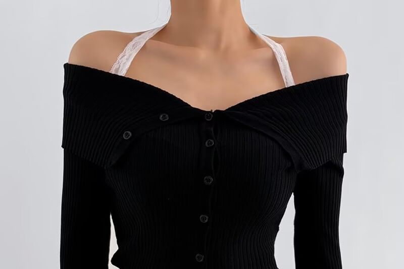 Long Sleeve Cold Shoulder Lace Trim Knit Top