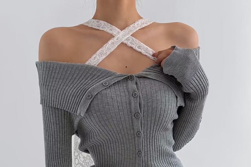 Long Sleeve Cold Shoulder Lace Trim Knit Top
