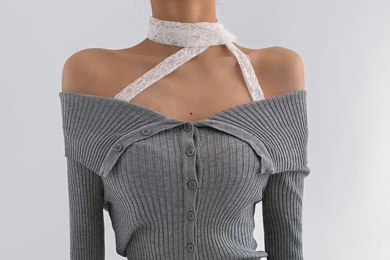 Long Sleeve Cold Shoulder Lace Trim Knit Top
