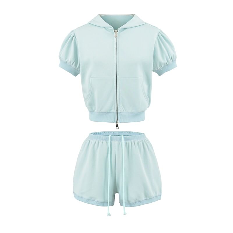 Hooded Zip Top with Drawstring Shorts Set