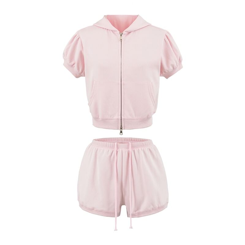Hooded Zip Top with Drawstring Shorts Set