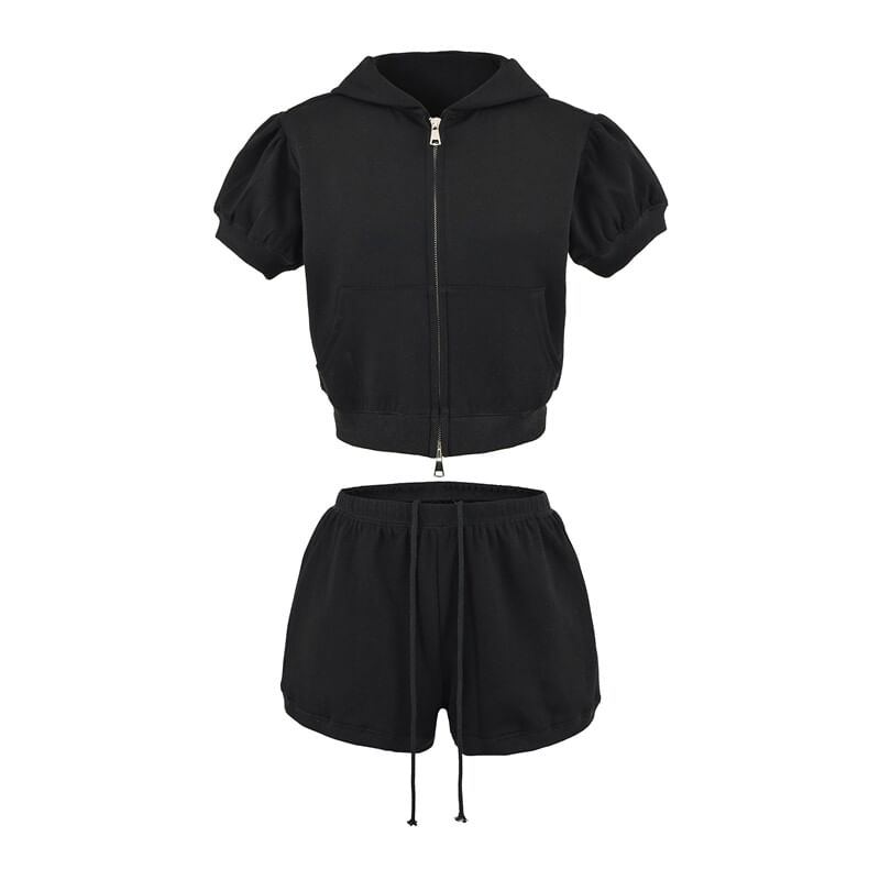 Hooded Zip Top with Drawstring Shorts Set