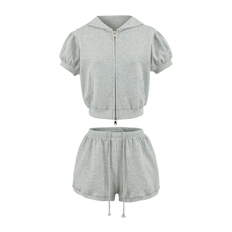 Hooded Zip Top with Drawstring Shorts Set