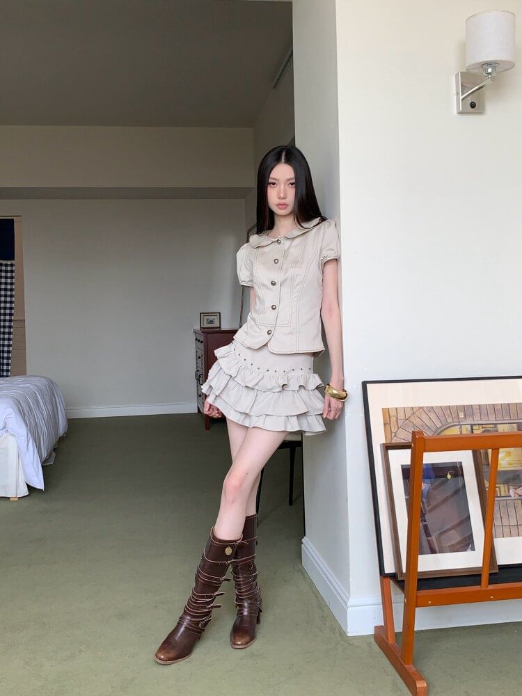 Short Sleeve Collared Contrast Stitch Blouse & Studded Mini A-Line Skirt