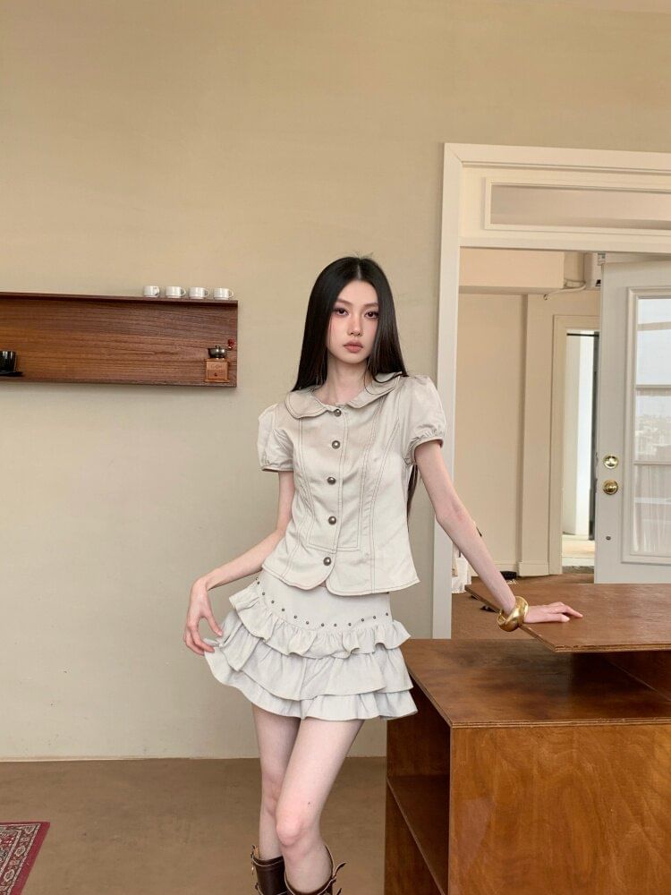 Short Sleeve Collared Contrast Stitch Blouse & Studded Mini A-Line Skirt