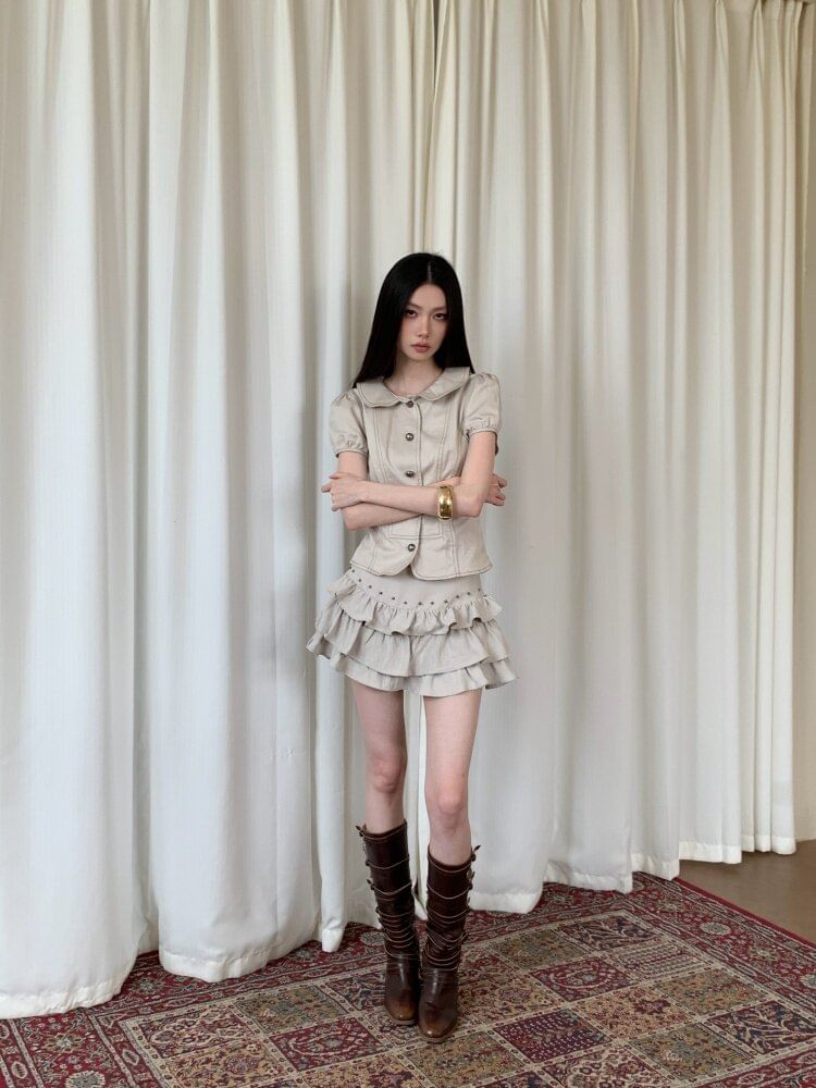 Short Sleeve Collared Contrast Stitch Blouse & Studded Mini A-Line Skirt