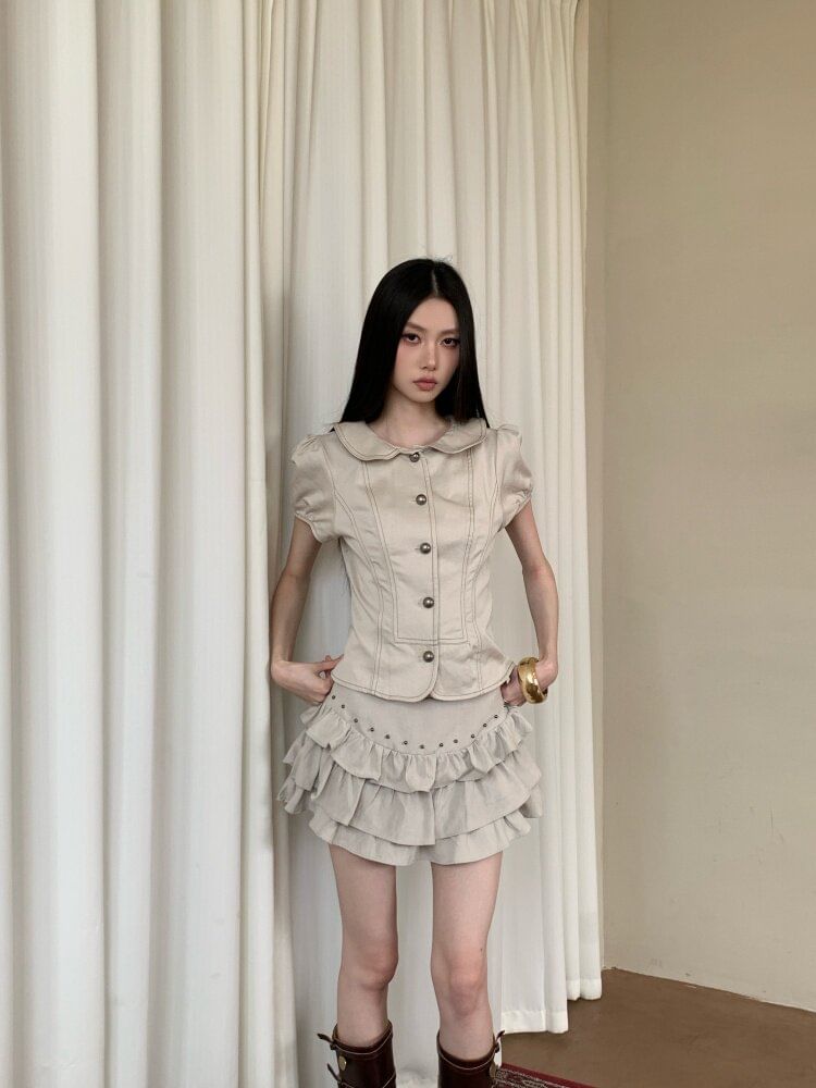 Short Sleeve Collared Contrast Stitch Blouse & Studded Mini A-Line Skirt