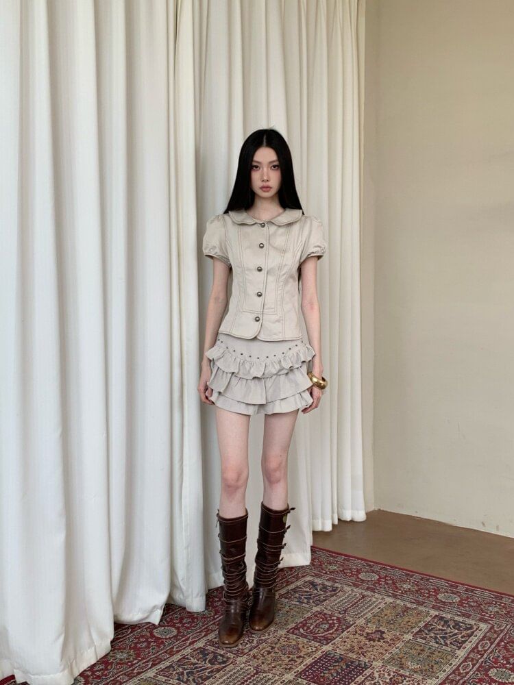 Short Sleeve Collared Contrast Stitch Blouse & Studded Mini A-Line Skirt