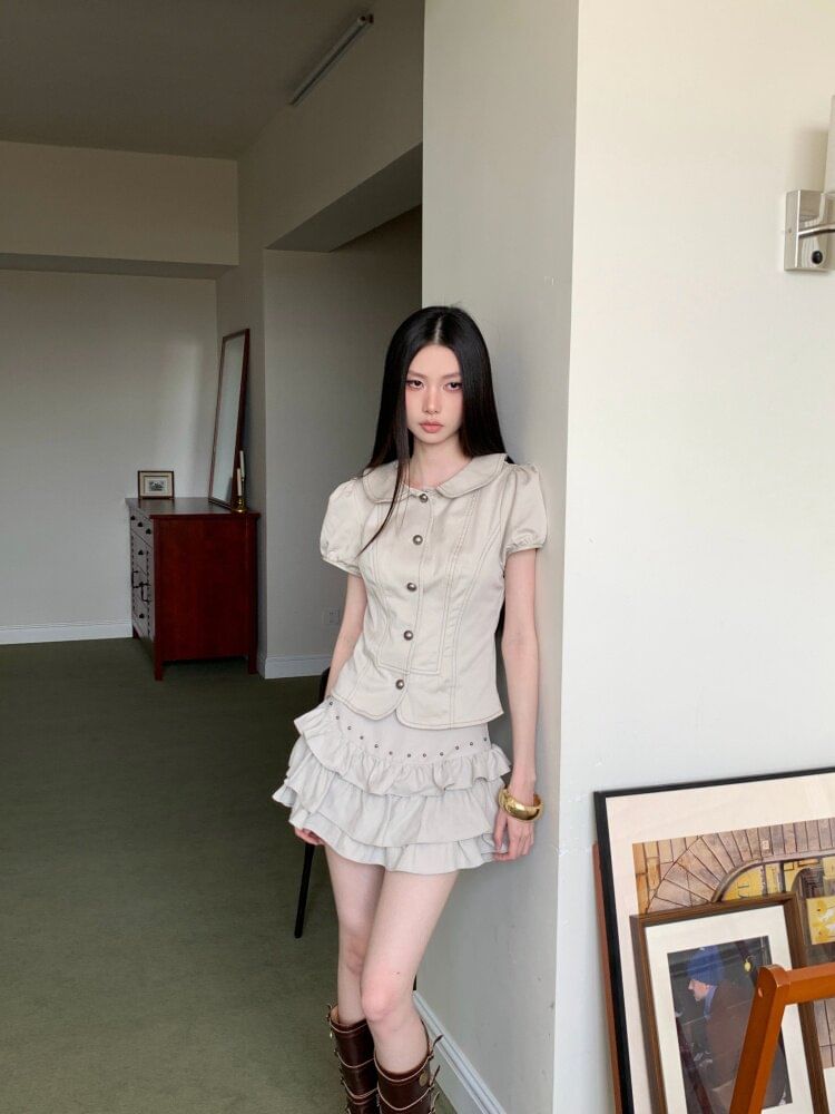 Short Sleeve Collared Contrast Stitch Blouse & Studded Mini A-Line Skirt