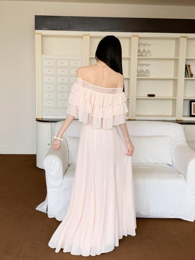 Short Sleeve Off Shoulder Ruffle Lace Blouse & A-Line Skirt