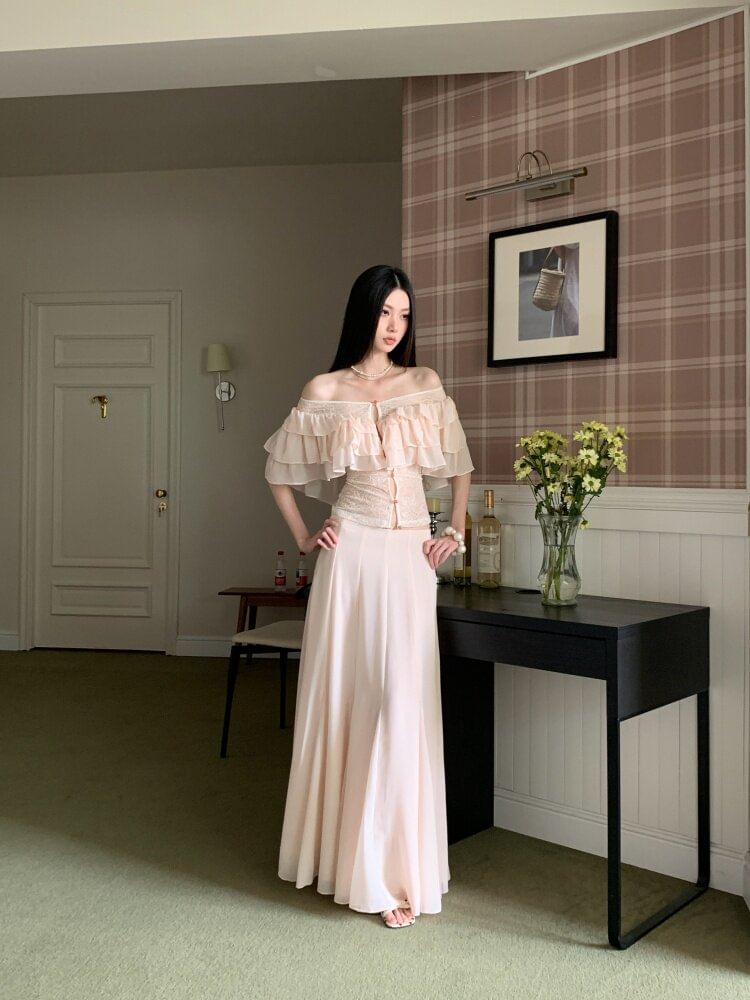 Short Sleeve Off Shoulder Ruffle Lace Blouse & A-Line Skirt