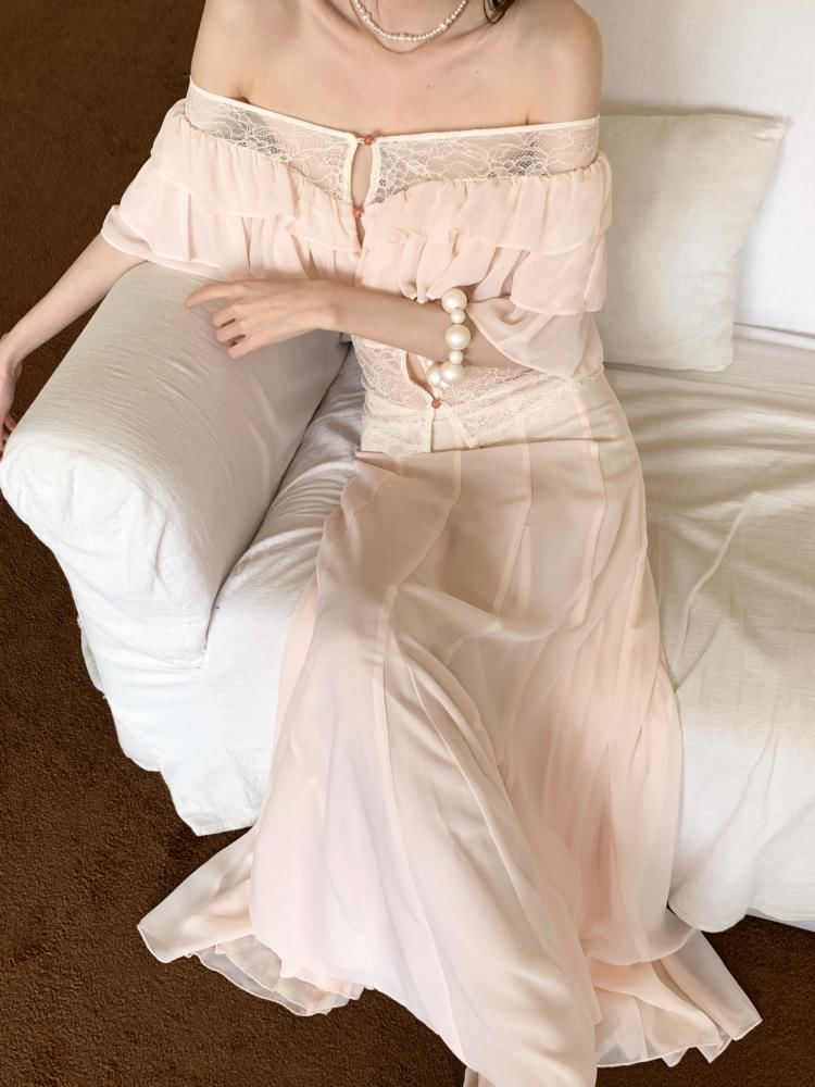Short Sleeve Off Shoulder Ruffle Lace Blouse & A-Line Skirt
