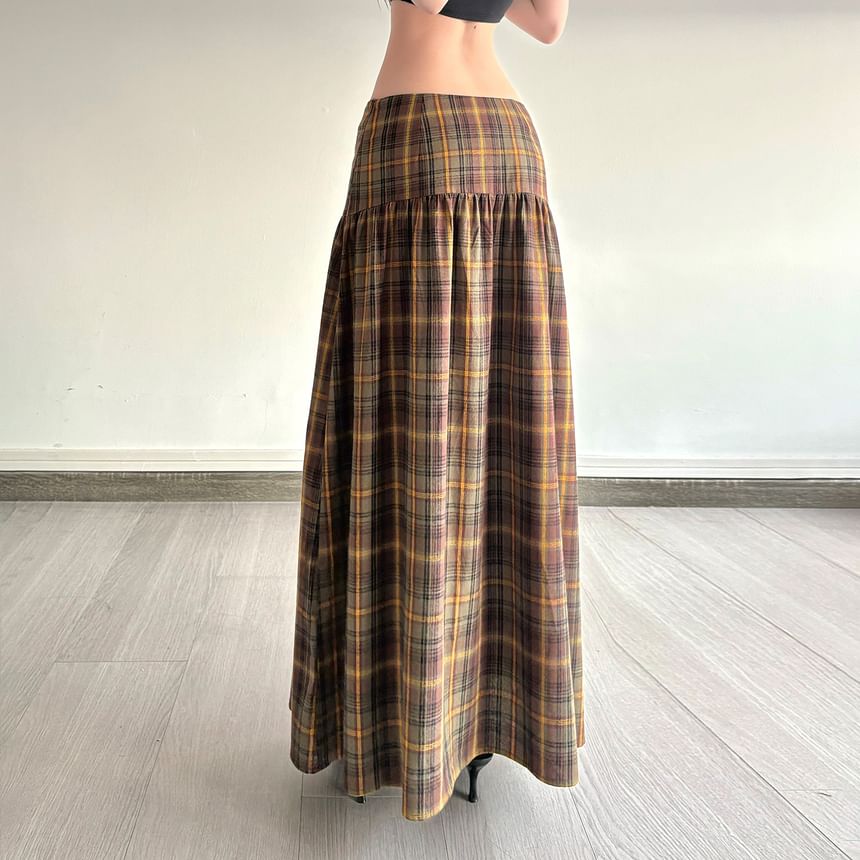 Low Waist Plaid Maxi A-Line Skirt