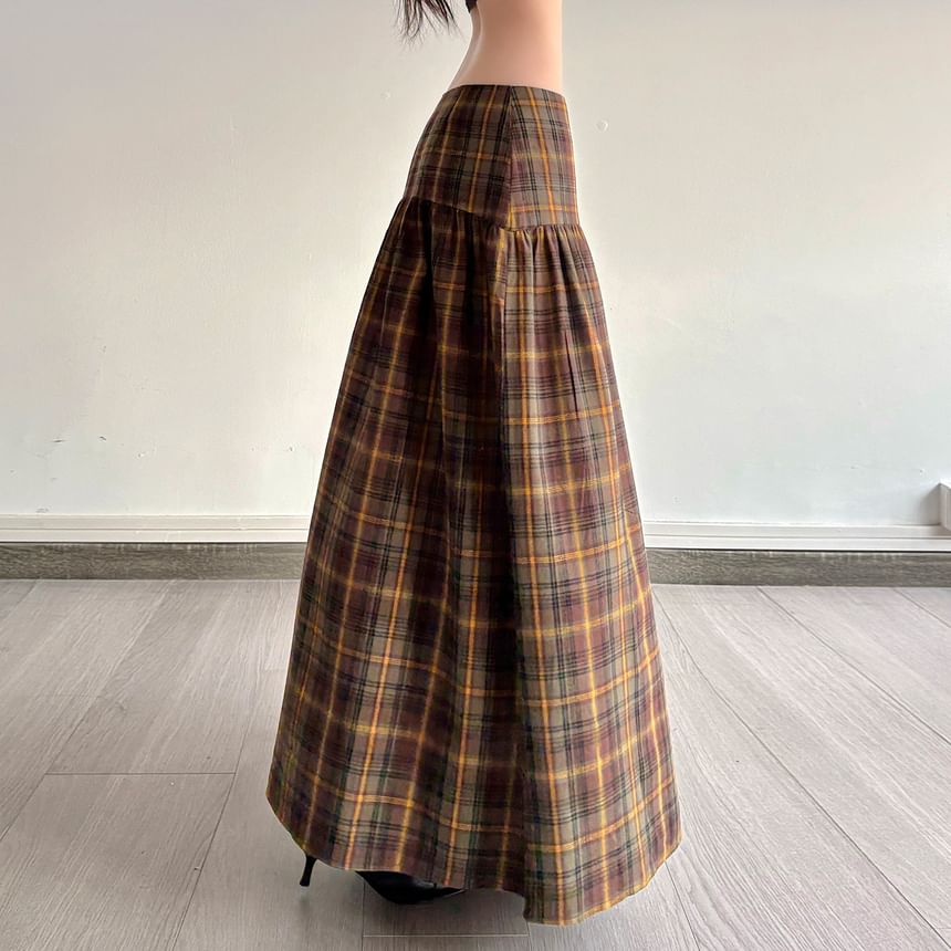Low Waist Plaid Maxi A-Line Skirt