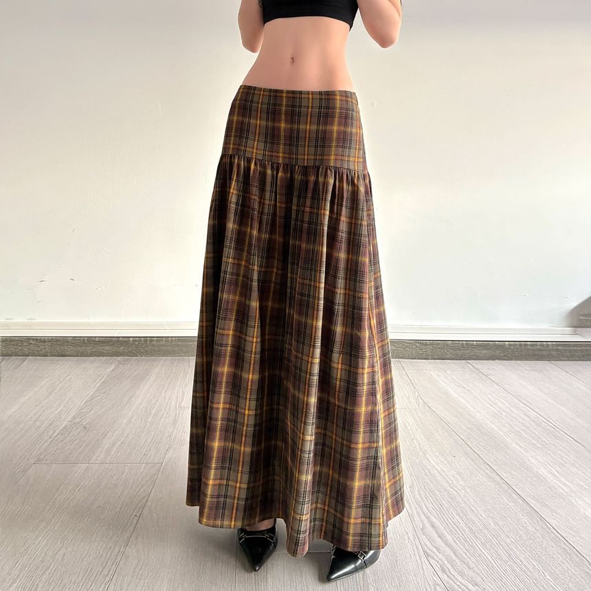 Low Waist Plaid Maxi A-Line Skirt