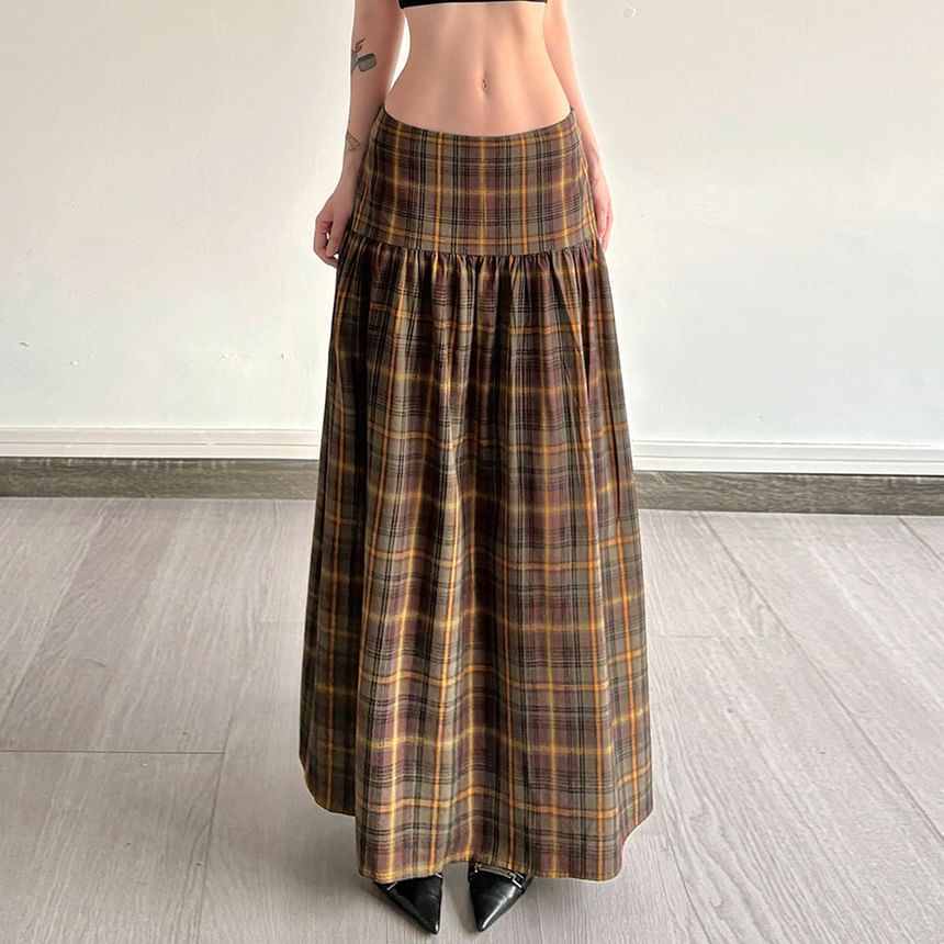 Low Waist Plaid Maxi A-Line Skirt