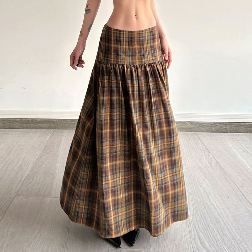 Low Waist Plaid Maxi A-Line Skirt