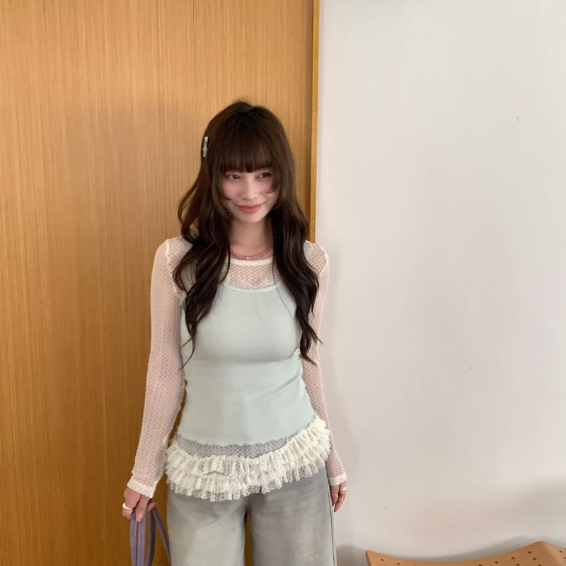 Long Sleeve Crew Neck Ruffle Hem Lace Top