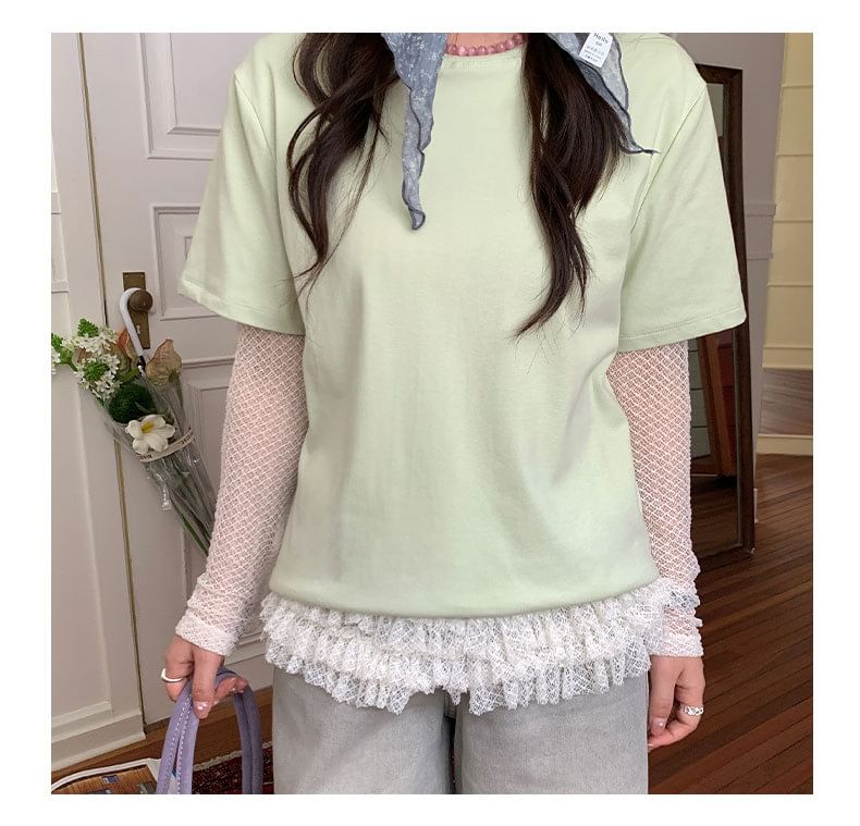 Long Sleeve Crew Neck Ruffle Hem Lace Top