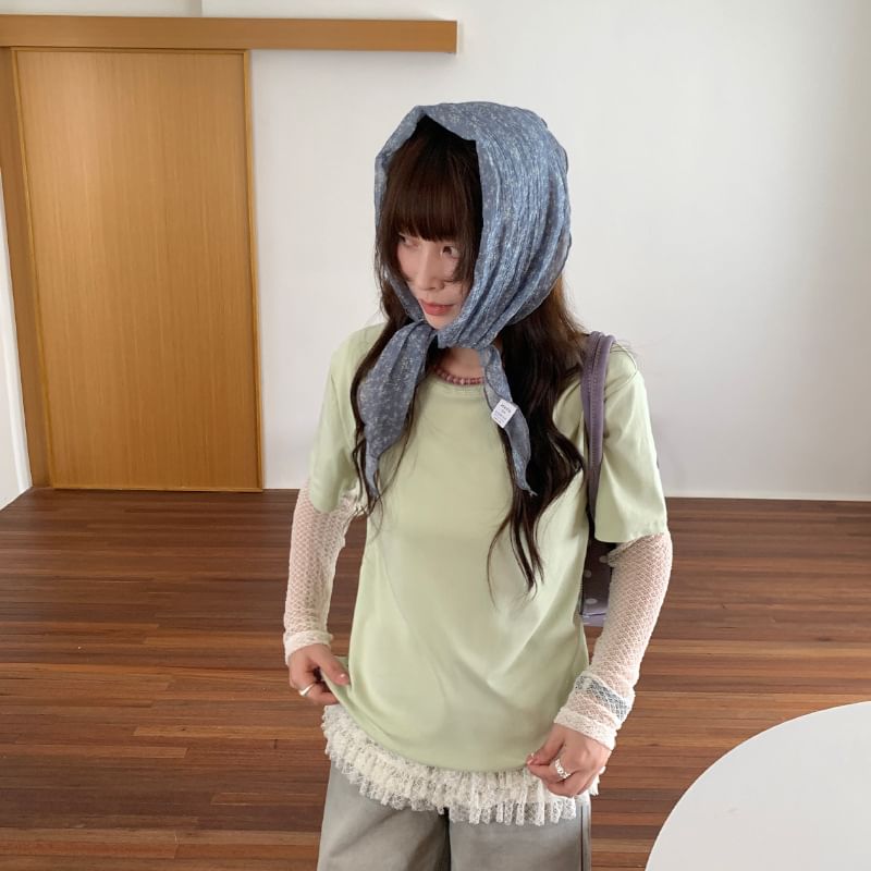 Long Sleeve Crew Neck Ruffle Hem Lace Top