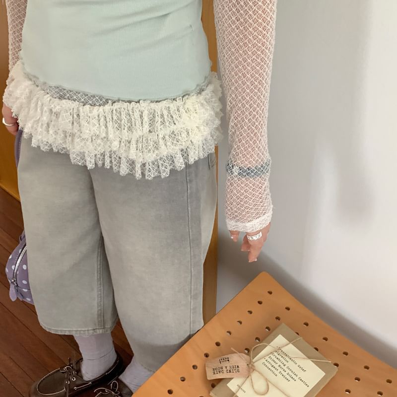 Long Sleeve Crew Neck Ruffle Hem Lace Top