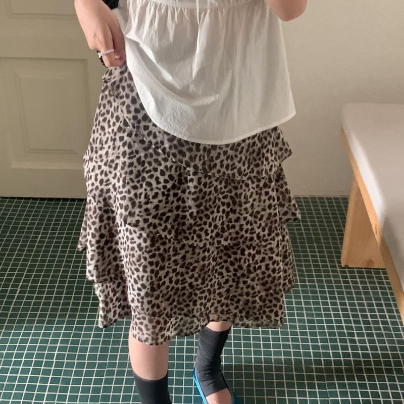 High Waist Leopard Print Asymmetrical Tiered A-Line Skirt