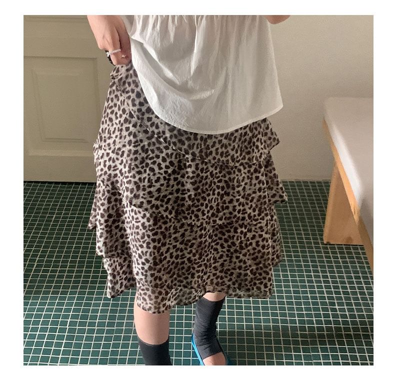 High Waist Leopard Print Asymmetrical Tiered A-Line Skirt