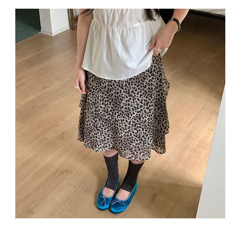 High Waist Leopard Print Asymmetrical Tiered A-Line Skirt