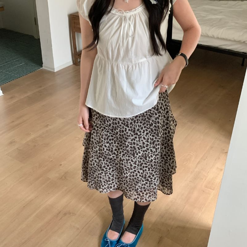 High Waist Leopard Print Asymmetrical Tiered A-Line Skirt